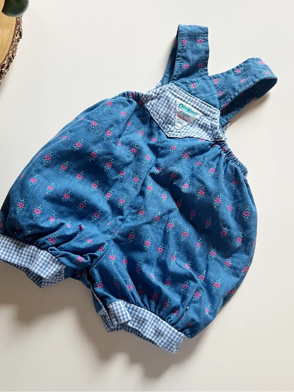 Vintage Oshkosh B’Gosh Denim Floral Overall Bubble Romper 12m USA Made